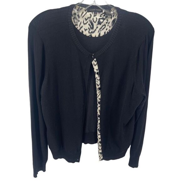 Jeanne Pierre Womens Button Up Cardigan Sweater Anima Print Lined Black Large - Picture 1 of 10
